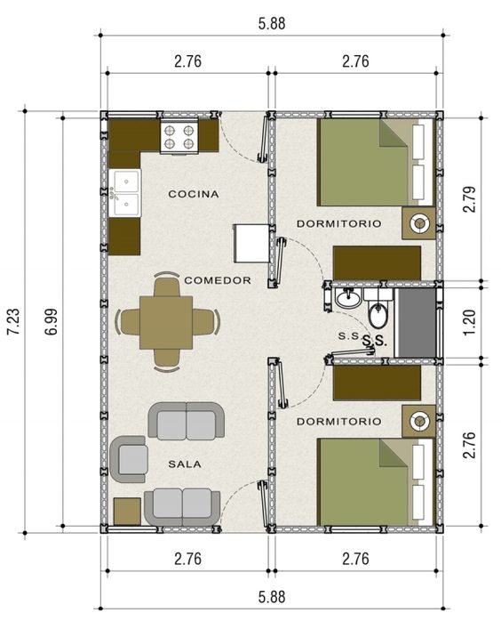 planos de casas de un piso 2 dormitorios y un bano (10)