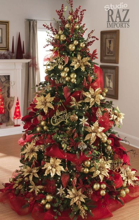 como decorar arboles de navidad rojo con dorado 2018