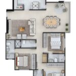 Plano de casa con tres dormitorios
